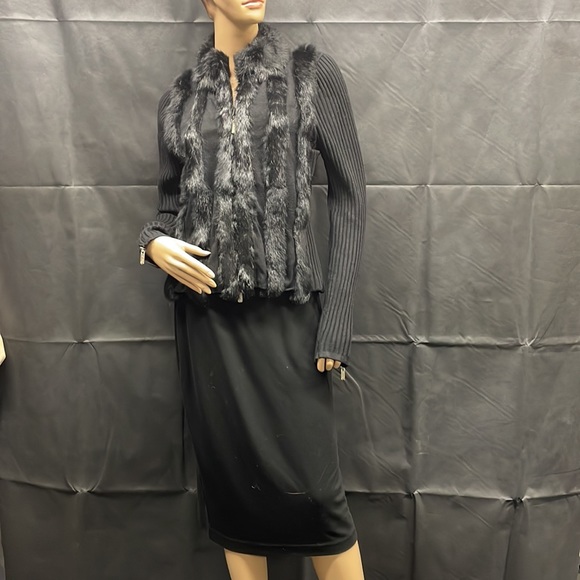 Vintage Dolce Cabo Black Knit Fur Front Zipper Cardigan - Picture 7 of 14